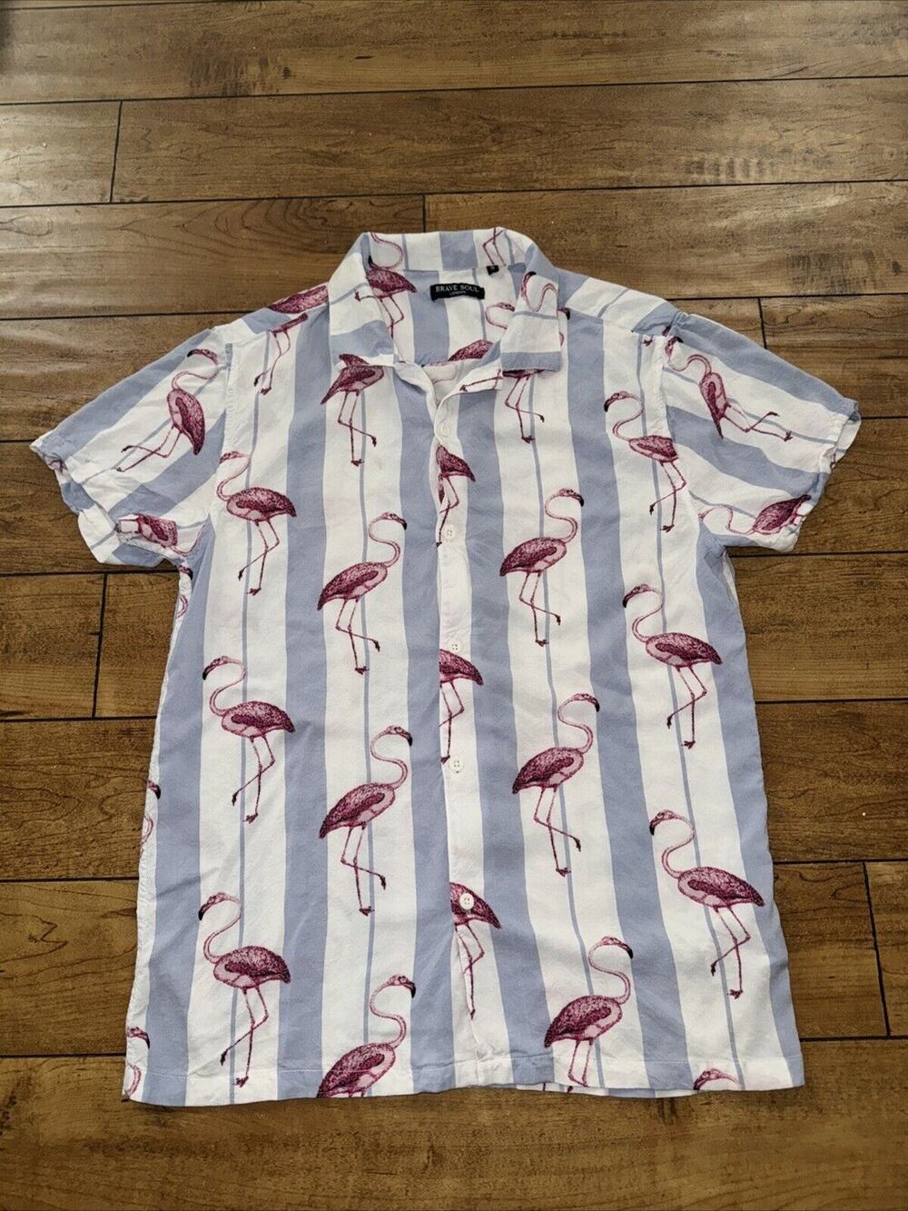 Brave Soul London Camp Shirt Short Sleeve Small Flamingo Print Blue White Pink